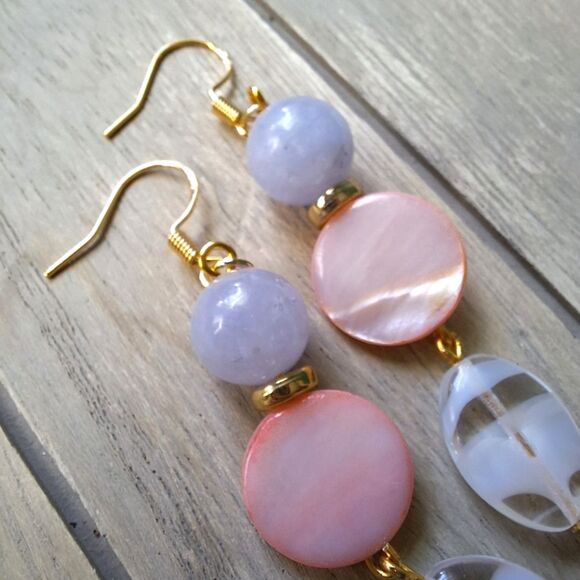 Mother of Pearl Aquamarine 18k Gold Dangle Earrings Boho Coquette Artsy Jewelry - Picture 6 of 9